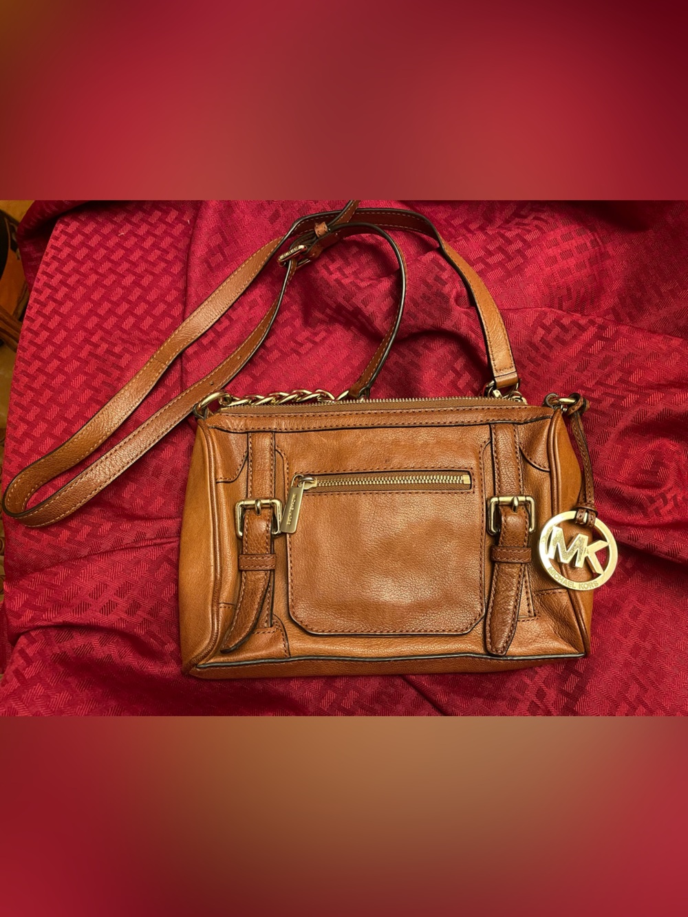 Michael Kors McGraw Brown Leather Crossbody Bag with Gold MK Charm